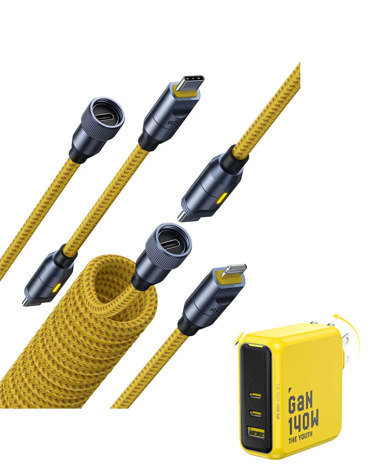 AOHI 240W 5 in 1 Nylon Creative Power Cable Set & Magcube  140W Pro GaN+ Fast Charger AOHi