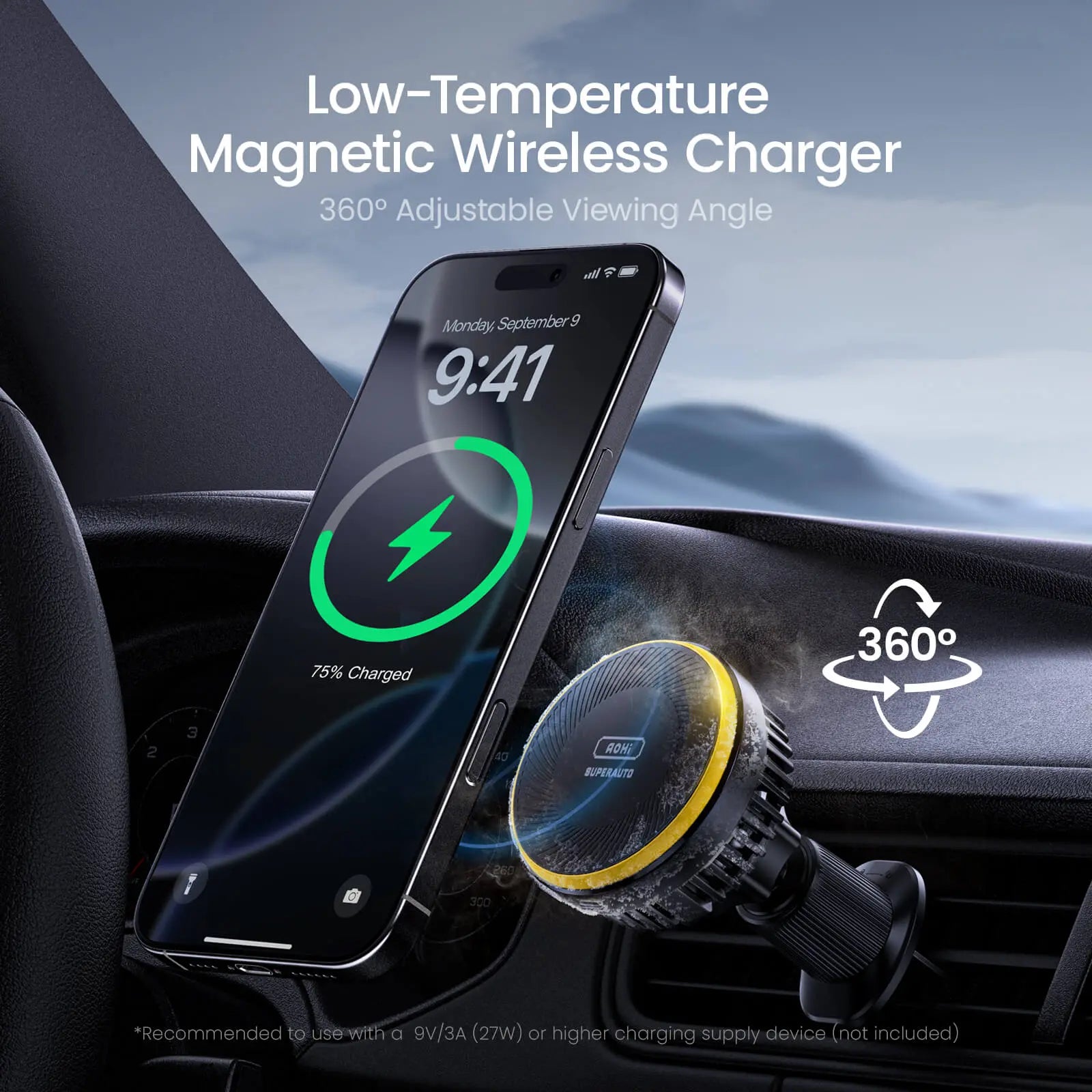 AOHI SUPERAUTO Self-Cooling Magnetic Wireless Car Charger with C-C Cable AOHI