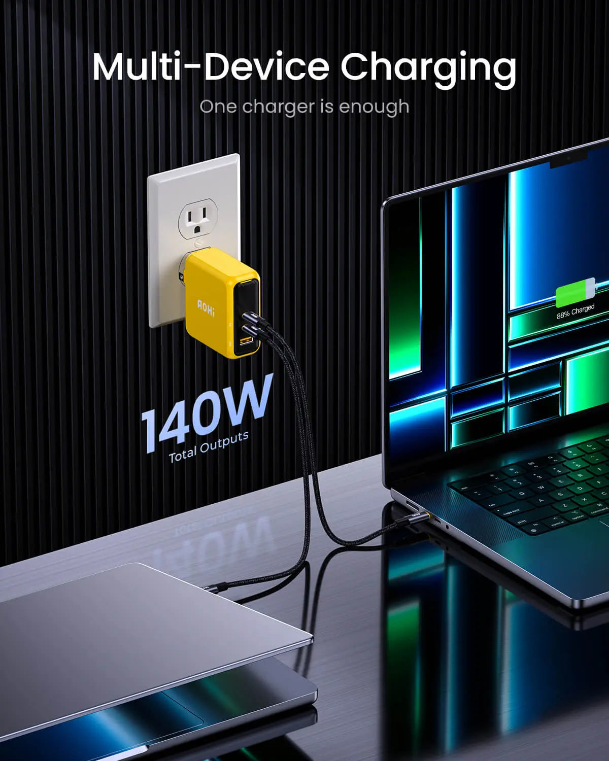 AOHI 240W 5 in 1 Nylon Creative Power Cable Set & Magcube  140W Pro GaN+ Fast Charger AOHi
